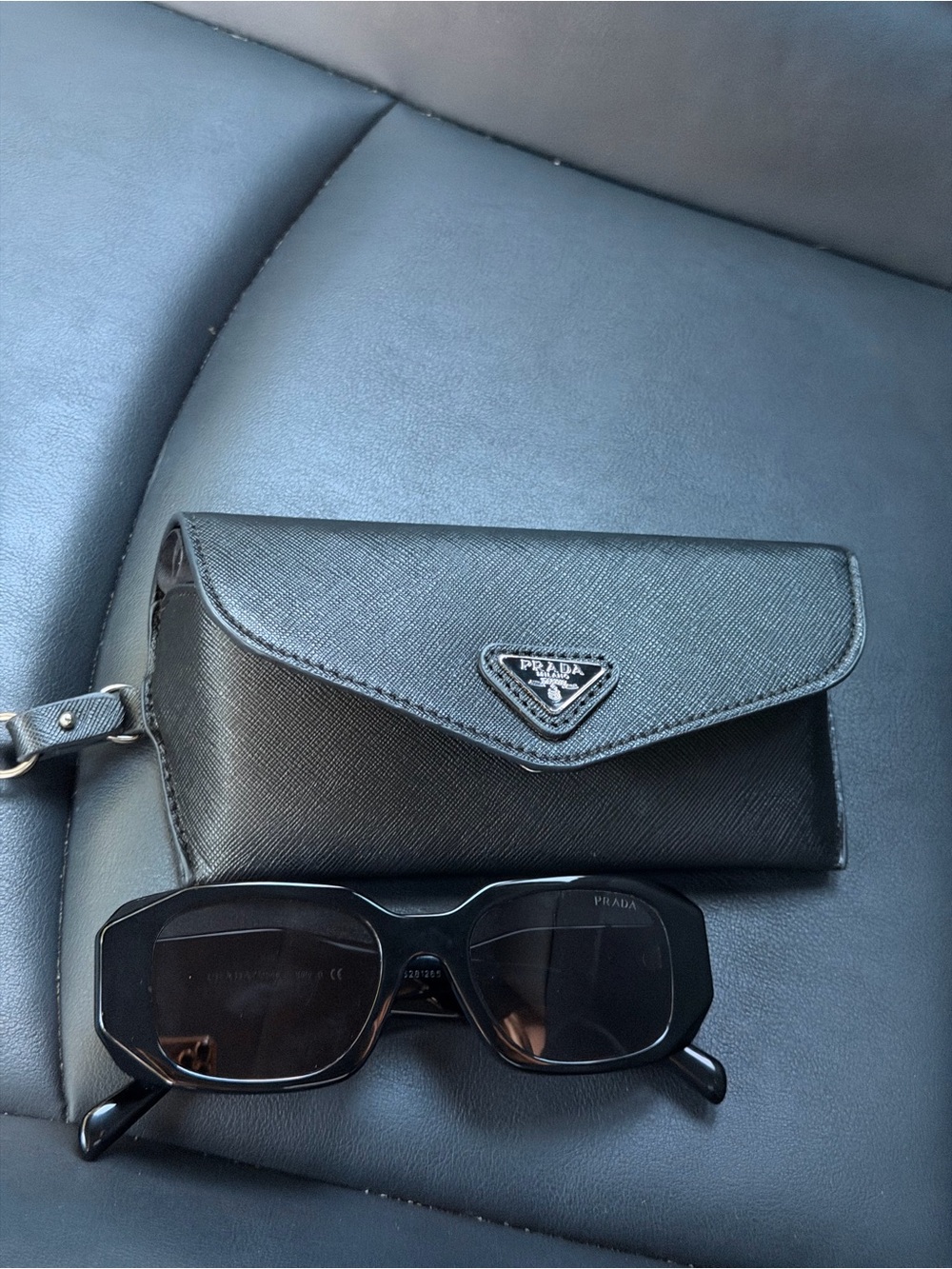 Sunglasses Prada Black Saffiano Leather Clutch Wristlet with Logo Plaque